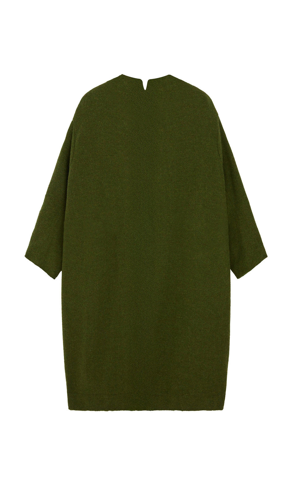 Plümo  Barra Harris Coat—oversized olive green sweater with wide sleeves, hand-finished for slow fashion, back view shown.