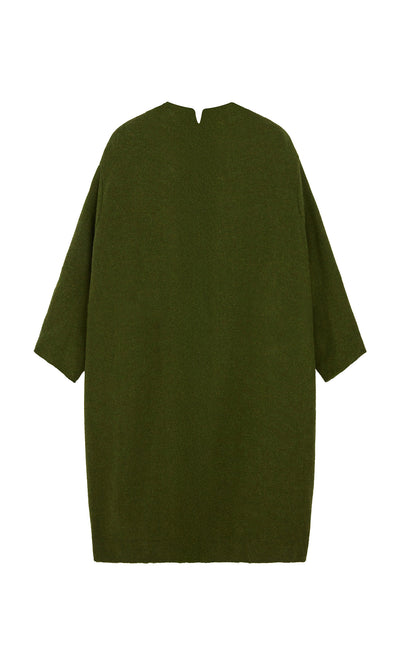 Plümo  Barra Harris Coat—oversized olive green sweater with wide sleeves, hand-finished for slow fashion, back view shown.