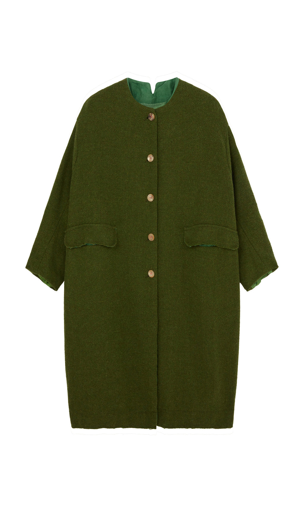 Plümo  Barra Harris Coat: Oversized olive wool, brown buttons, front flap pockets, and green lining.