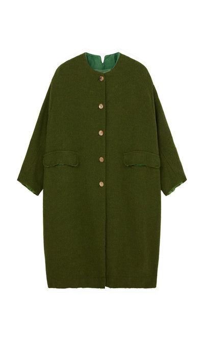 Plümo  Barra Harris Coat: Oversized olive wool, brown buttons, front flap pockets, and green lining.