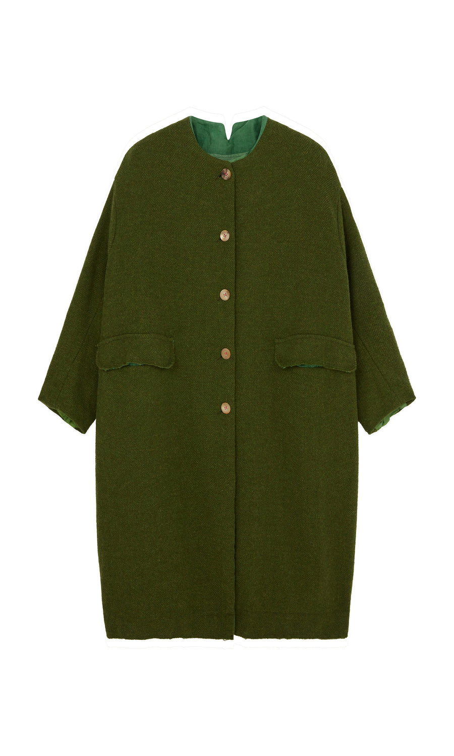 Plümo  Barra Harris Coat: Oversized olive wool, brown buttons, front flap pockets, and green lining.