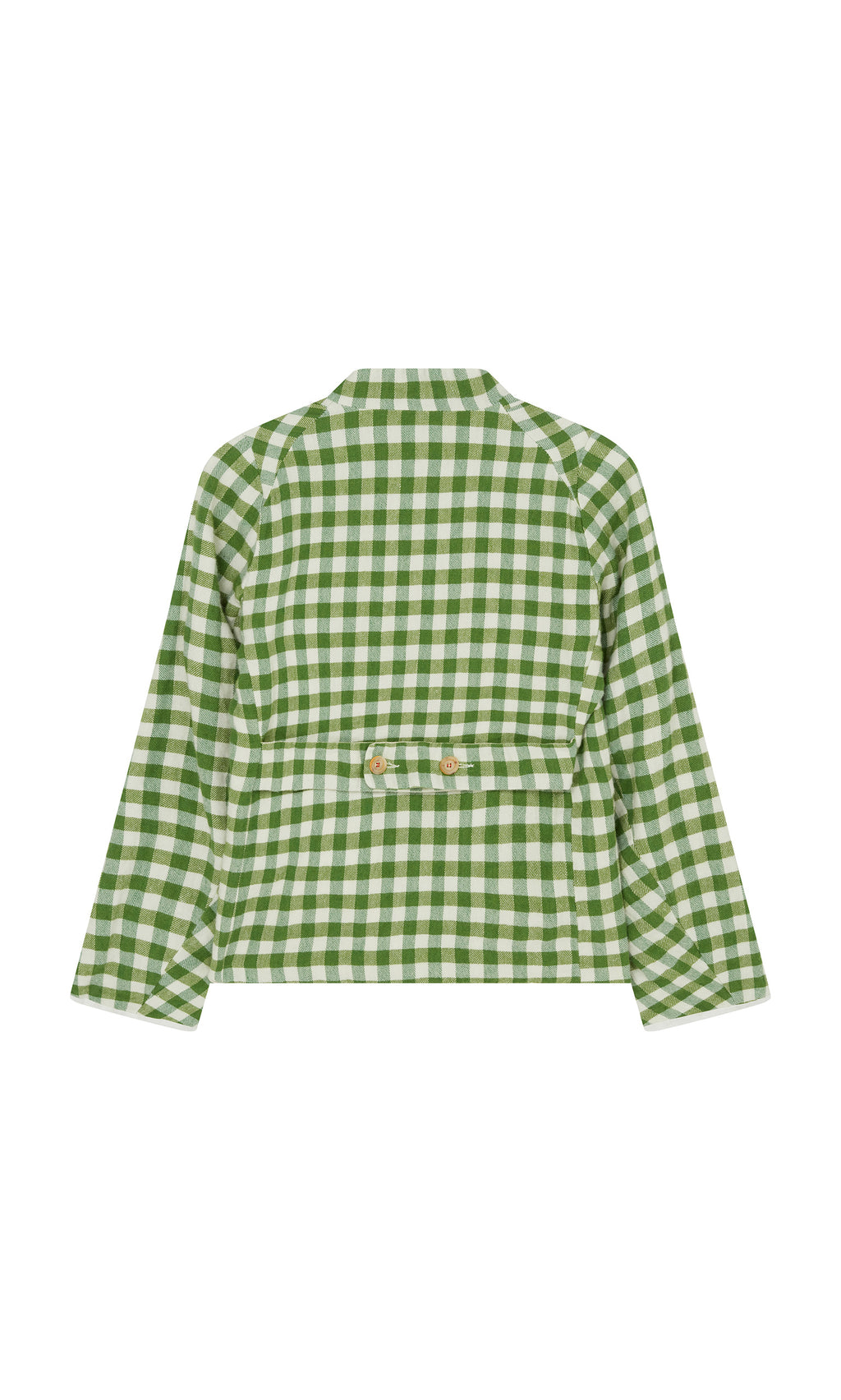 Plümo  Tiree Jacket: green  white checks, long sleeves, back view, 2 waist buttons, visible collar.
