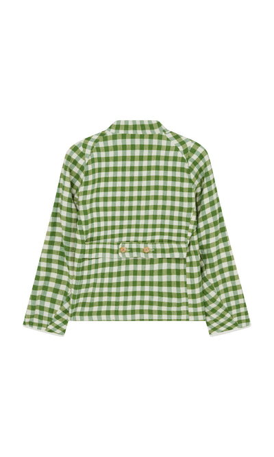 Plümo  Tiree Jacket: green  white checks, long sleeves, back view, 2 waist buttons, visible collar.