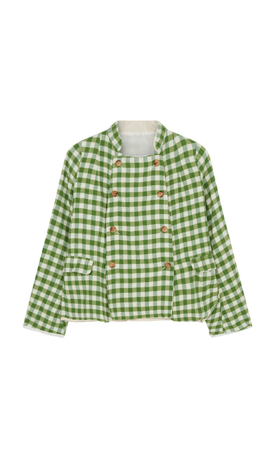Plümo  Tiree Jacket: Gingham wool linen with brown buttons, two pockets, slow fashion style on white background.