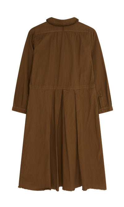 Plümo  Hazel Dress: Brown hand-dyed cotton shirt dress with pleats, buttoned cuffs, and raw hem. Slow fashion, knee-length.