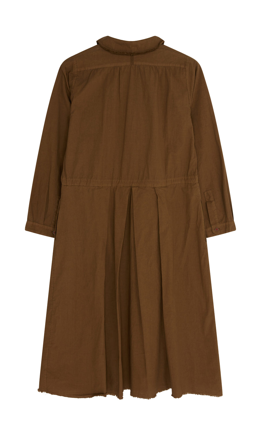 Plümo  Hazel Dress: Brown hand-dyed cotton shirt dress with pleats, buttoned cuffs, and raw hem. Slow fashion, knee-length.