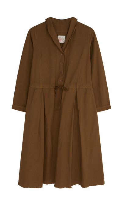 Plümo  Hazel Dress: Brown long-sleeve, knee-length, shawl collar shirt dress with v-neck, waist tie  front buttons.