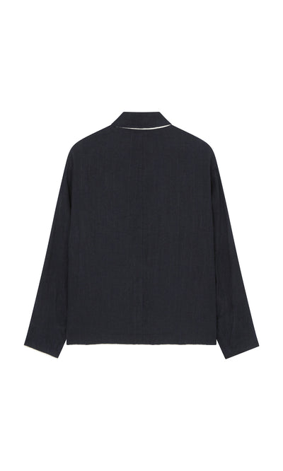 Plümo  Back view of the Dunbar Tweed Jacket in black with subtle stripes, relaxed fit—ideal for slow fashion enthusiasts.