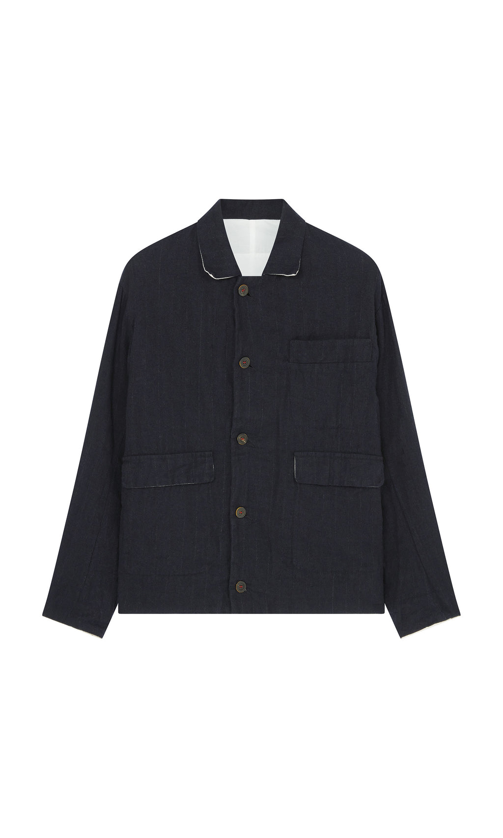 Plümo  Dunbar Tweed Jacket in dark navy herringbone with 3 pockets, long sleeves, and collar—perfect for slow fashion lovers.