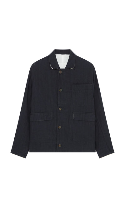 Plümo  Dunbar Tweed Jacket in dark navy herringbone with 3 pockets, long sleeves, and collar—perfect for slow fashion lovers.