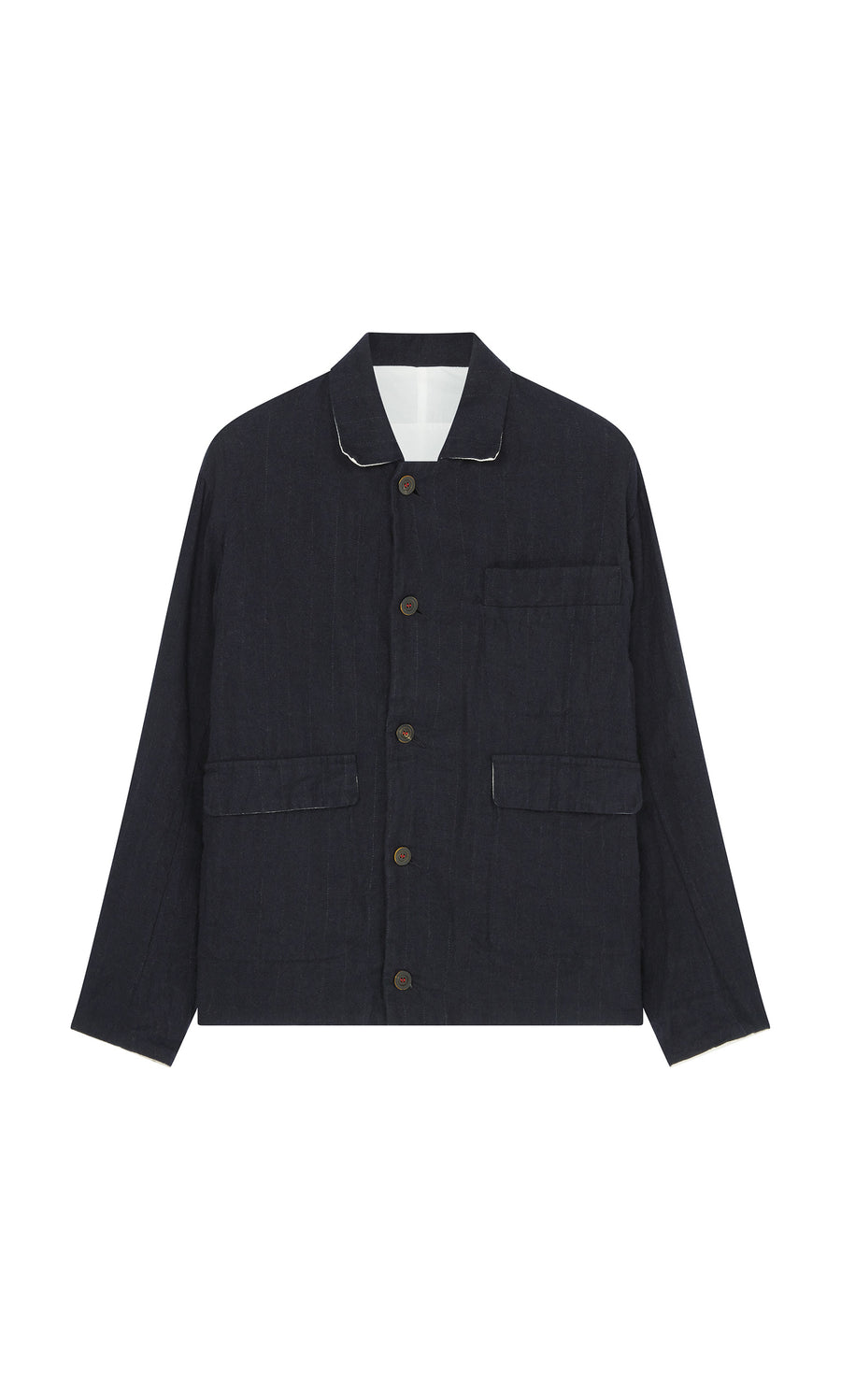 Plümo  Dunbar Tweed Jacket in dark navy herringbone with 3 pockets, long sleeves, and collar—perfect for slow fashion lovers.