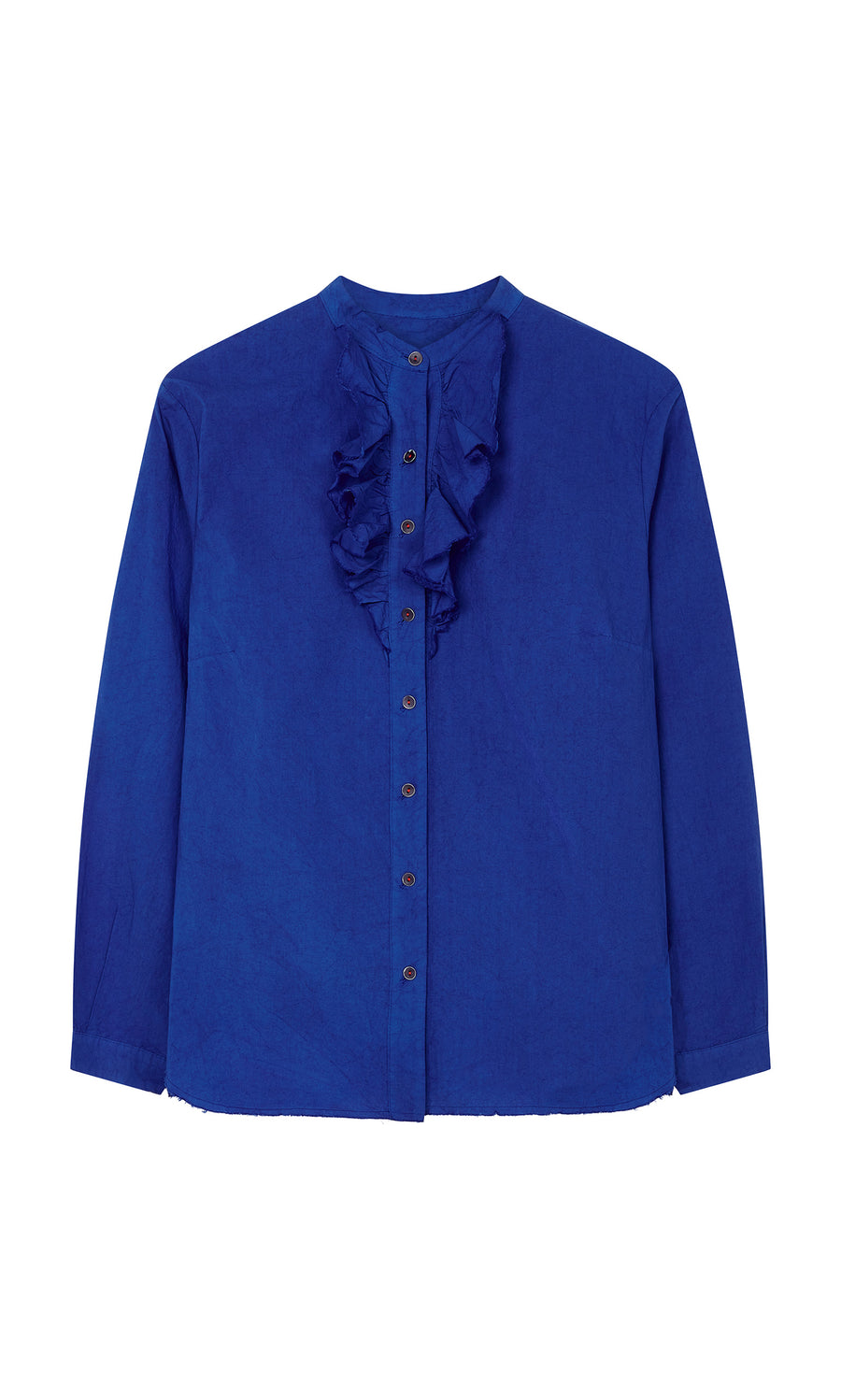 Plümo  Cobalt Ruffle Shirt: long-sleeve, button-down, ruffle neck; hand-finished in Italy and shown flat on white.