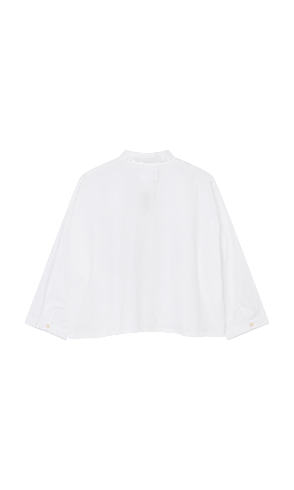 Plümo  Back view of Bressay Shirt: artisan-made in Italy, white cotton, relaxed cut, collar, buttoned cuffs, white background.