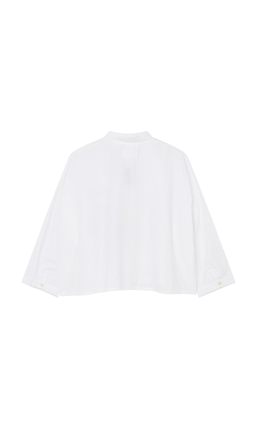 Plümo  Back view of Bressay Shirt: artisan-made in Italy, white cotton, relaxed cut, collar, buttoned cuffs, white background.