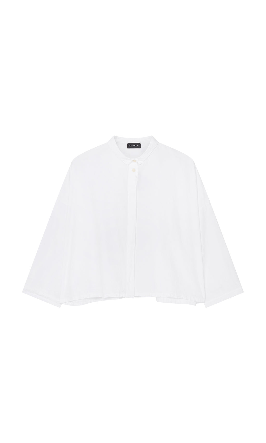Plümo  Bressay Shirt: white, long-sleeve, button-up cropped style with a collar, relaxed fit. Displayed on white background.