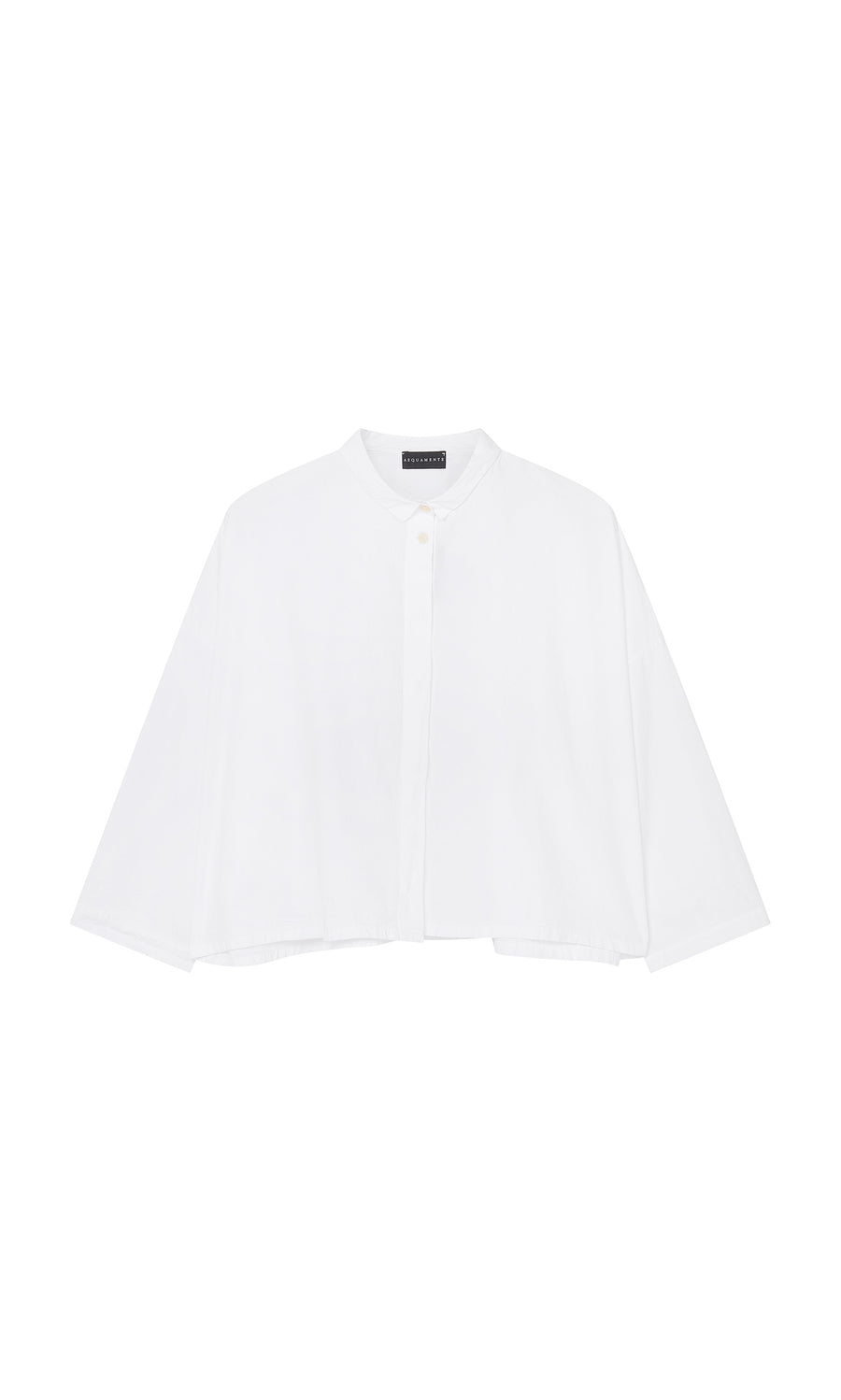 Plümo  Bressay Shirt: white, long-sleeve, button-up cropped style with a collar, relaxed fit. Displayed on white background.