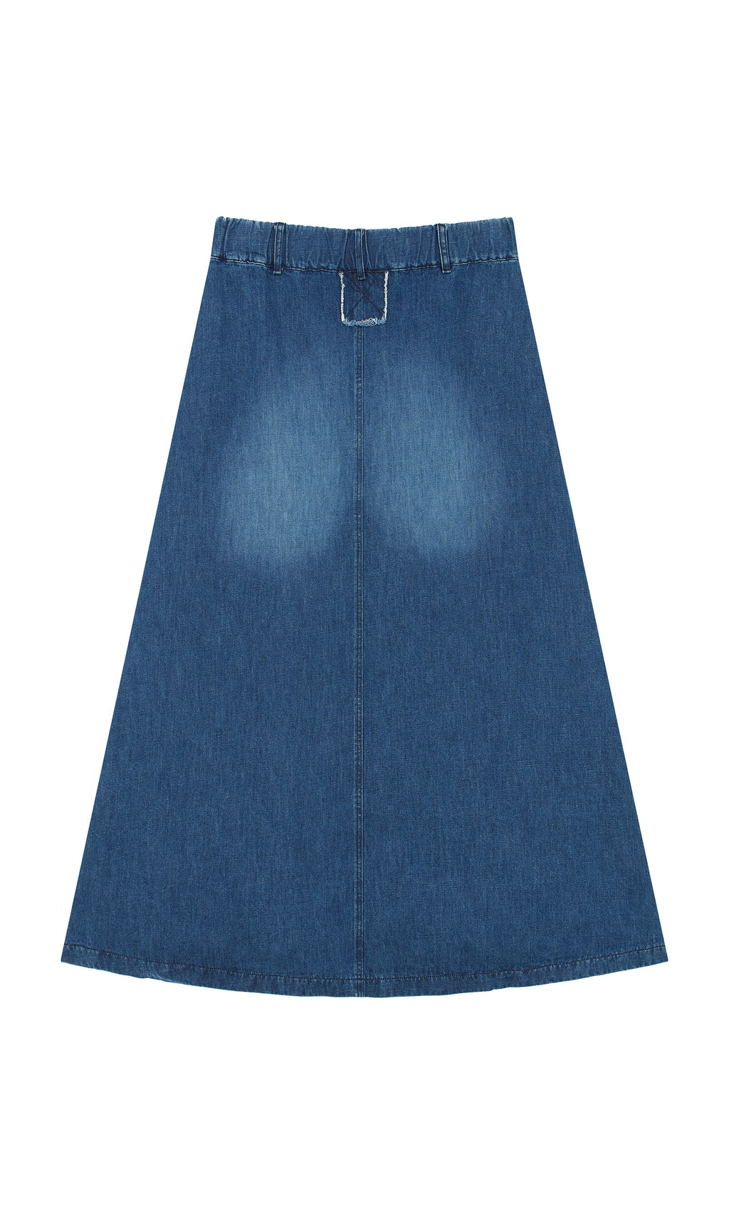 Plümo  Eday Denim Skirt in blue indigo with high waist, elastic band, and belt loops on a white background.