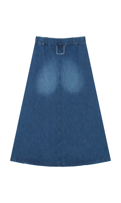 Plümo  Eday Denim Skirt in blue indigo with high waist, elastic band, and belt loops on a white background.