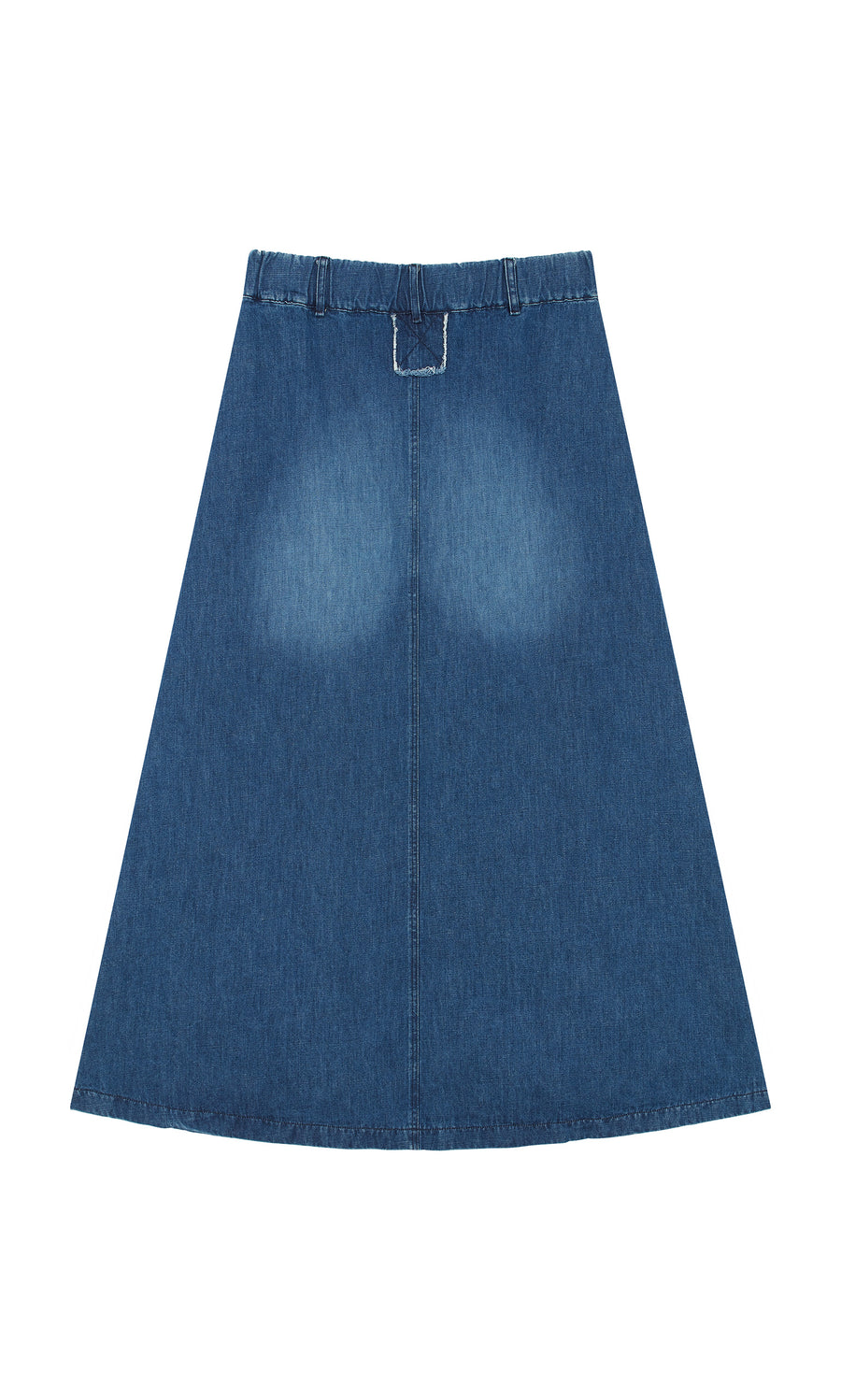 Plümo  Eday Denim Skirt in blue indigo with high waist, elastic band, and belt loops on a white background.