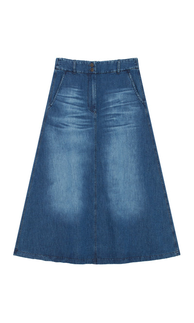 Plümo  Eday Denim Skirt: High-waisted A-line indigo denim with front pockets and belt loops, made in Italy.