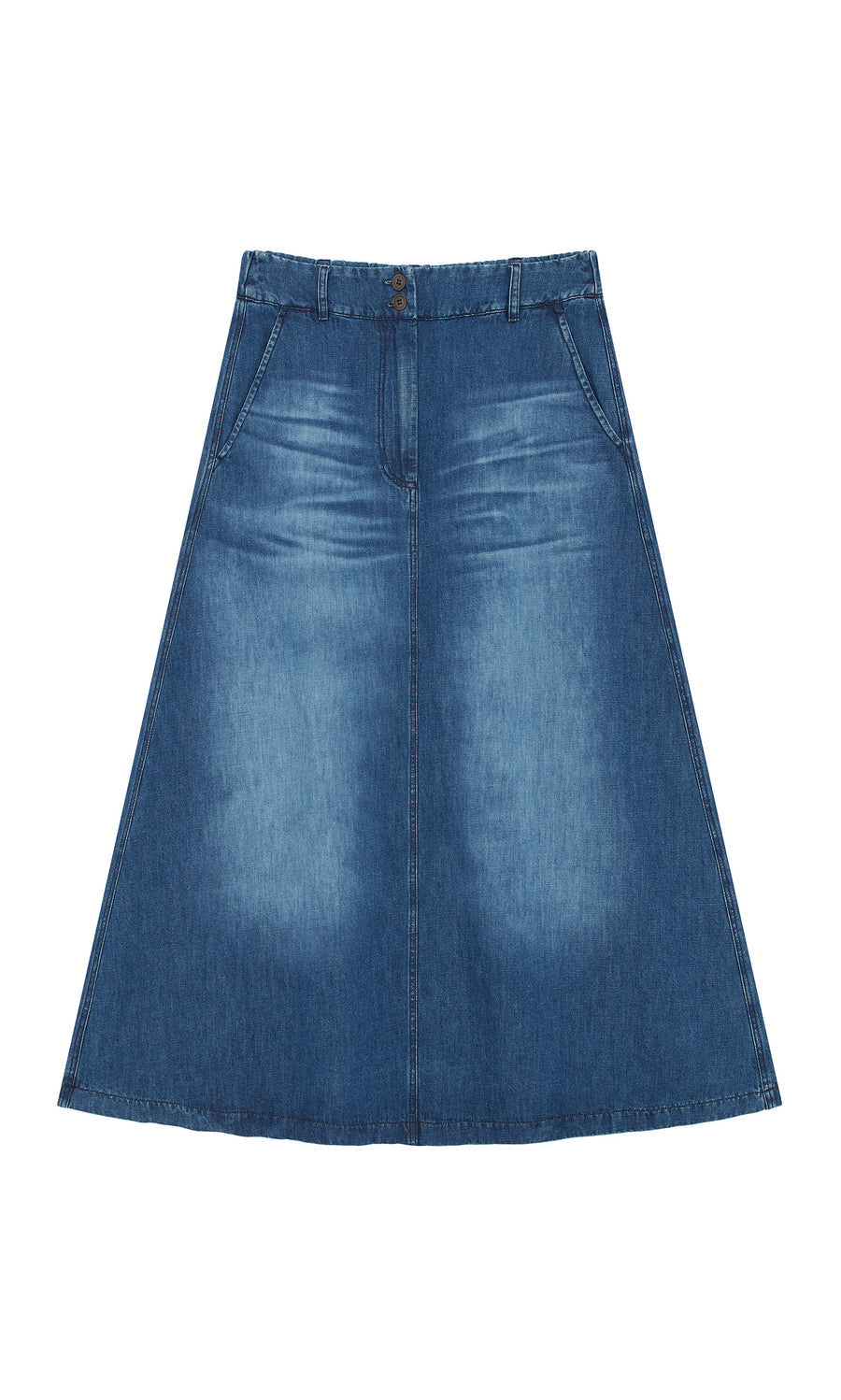 Plümo  Eday Denim Skirt: High-waisted A-line indigo denim with front pockets and belt loops, made in Italy.
