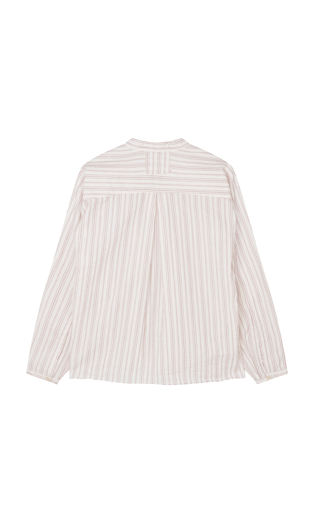 Plümo  Back view of Ejaz Shirt: granddad collar, beige-white stripes, yoke detail, and buttoned cuffs.