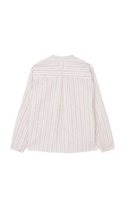 Plümo  Back view of Ejaz Shirt: granddad collar, beige-white stripes, yoke detail, and buttoned cuffs.