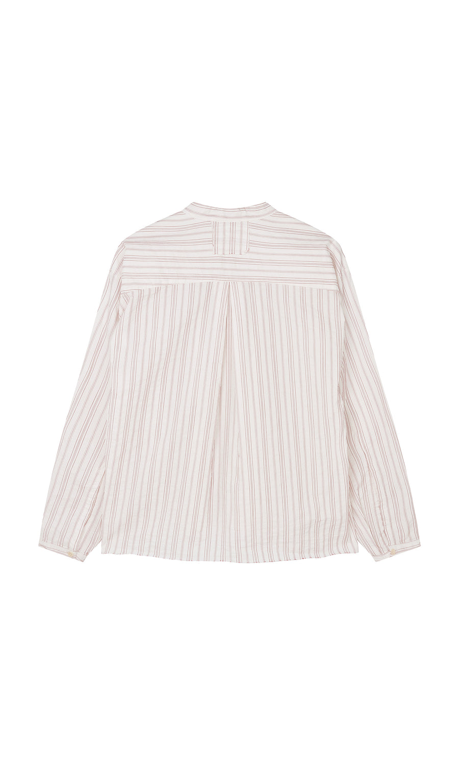 Plümo  Back view of Ejaz Shirt: granddad collar, beige-white stripes, yoke detail, and buttoned cuffs.