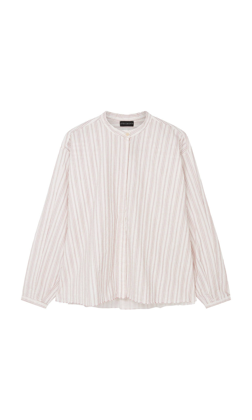 Plümo  Ejaz Shirt: White cotton, thin red embroidery stripes, granddad neckline, relaxed fit, laid flat on white.