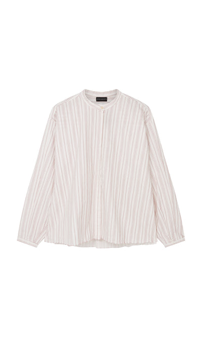 Plümo  Ejaz Shirt: White cotton, thin red embroidery stripes, granddad neckline, relaxed fit, laid flat on white.