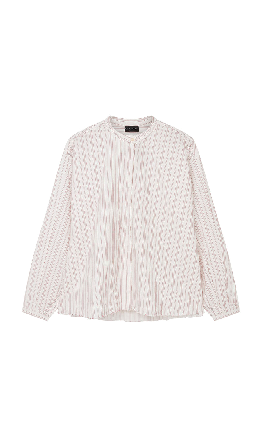Plümo  Ejaz Shirt: White cotton, thin red embroidery stripes, granddad neckline, relaxed fit, laid flat on white.