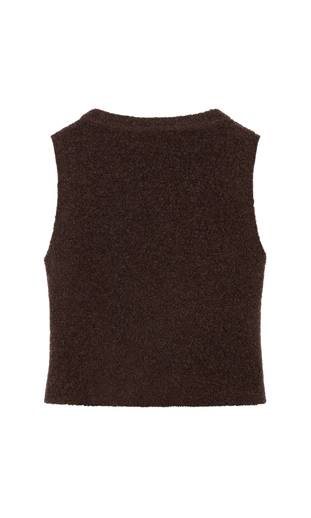 Plümo  The Mons Felted Waistcoat, sleeveless and fuzzy in dark brown, is shown from the back on a white background.