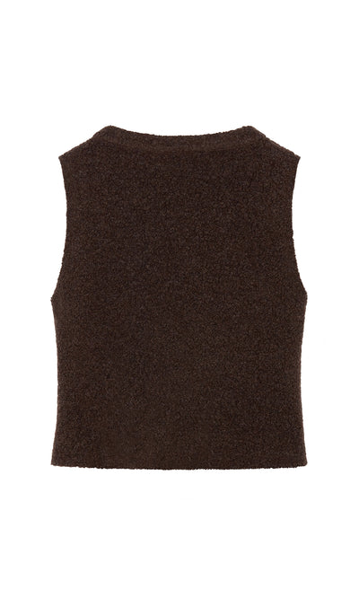 Plümo  The Mons Felted Waistcoat, sleeveless and fuzzy in dark brown, is shown from the back on a white background.
