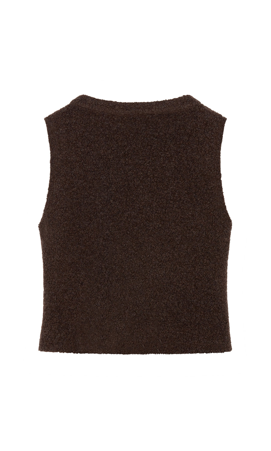 Plümo  The Mons Felted Waistcoat, sleeveless and fuzzy in dark brown, is shown from the back on a white background.