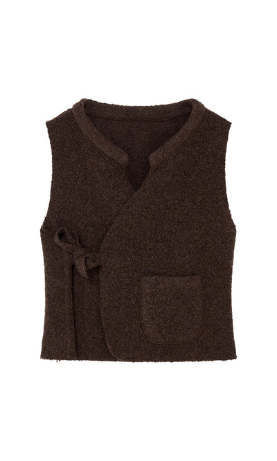 Plümo  Mons Felted Waistcoat: Brown wool vest with wrap tie, pocket, and crafted through ethical production.
