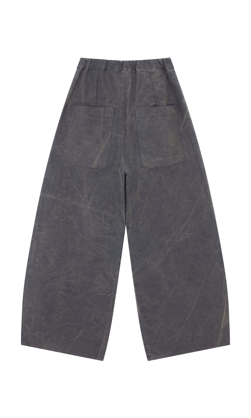 Plümo  Corfe Barrel Pants: wide-leg, dark gray cotton canvas with two large back pockets, shown flat on white.