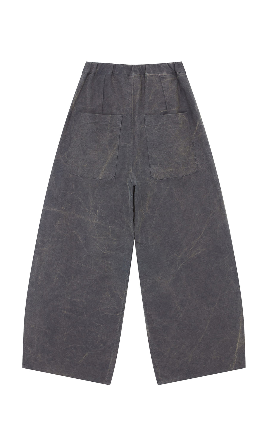 Plümo  Corfe Barrel Pants: wide-leg, dark gray cotton canvas with two large back pockets, shown flat on white.