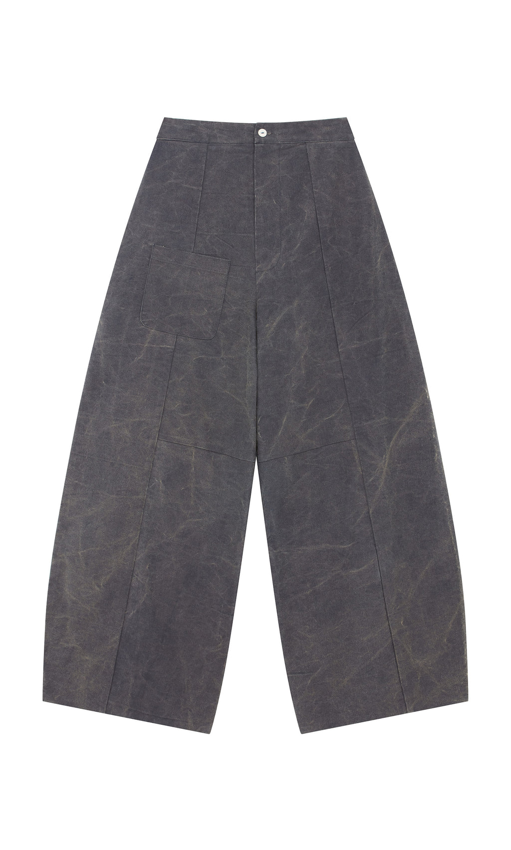 Plümo  Corfe Barrel Pants: high-waisted gray cotton canvas with wide legs, front button, and a large left patch pocket.