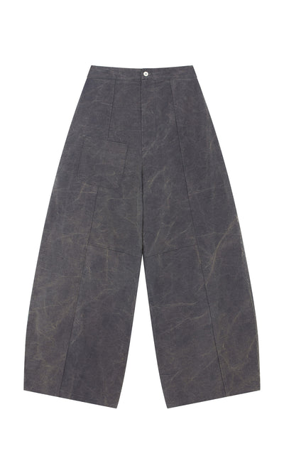 Plümo  Corfe Barrel Pants: high-waisted gray cotton canvas with wide legs, front button, and a large left patch pocket.