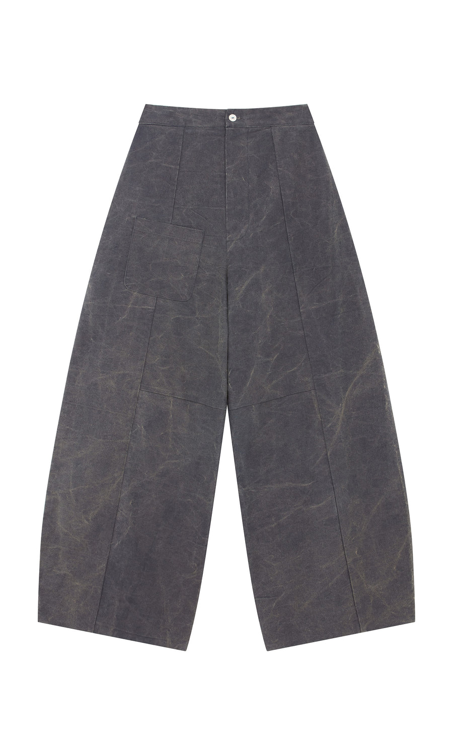 Plümo  Corfe Barrel Pants: high-waisted gray cotton canvas with wide legs, front button, and a large left patch pocket.