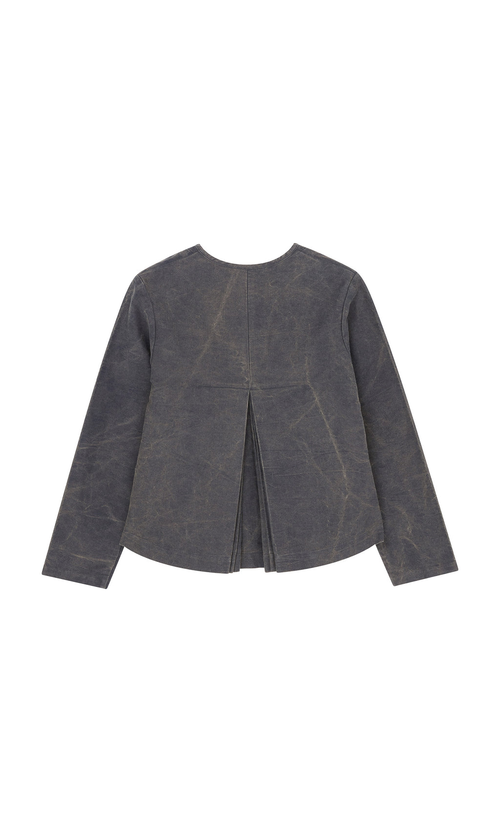 Plümo  Stour Jacket in dark gray cotton canvas, back slit detail shown from behind on a white background.