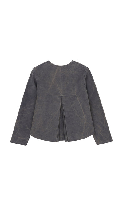Plümo  Stour Jacket in dark gray cotton canvas, back slit detail shown from behind on a white background.