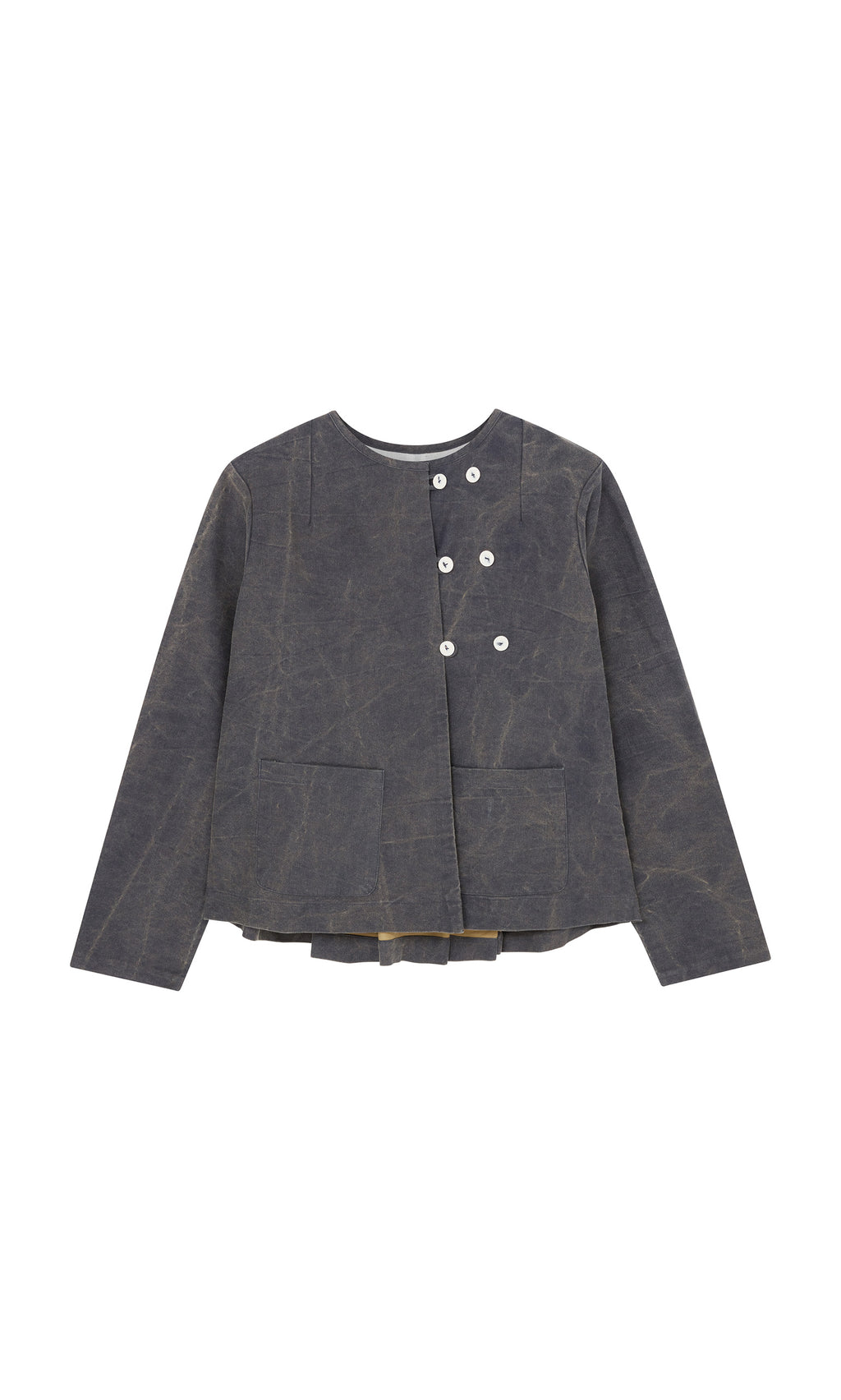 Plümo  Stour Jacket: Dark gray cotton canvas workwear, asymmetrical front, white buttons, two pockets, laid flat.