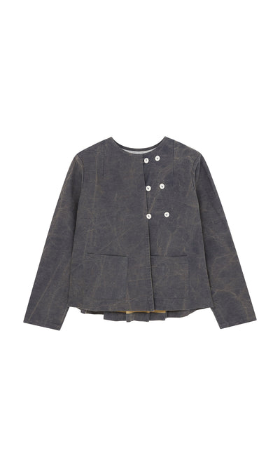 Plümo  Stour Jacket: Dark gray cotton canvas workwear, asymmetrical front, white buttons, two pockets, laid flat.