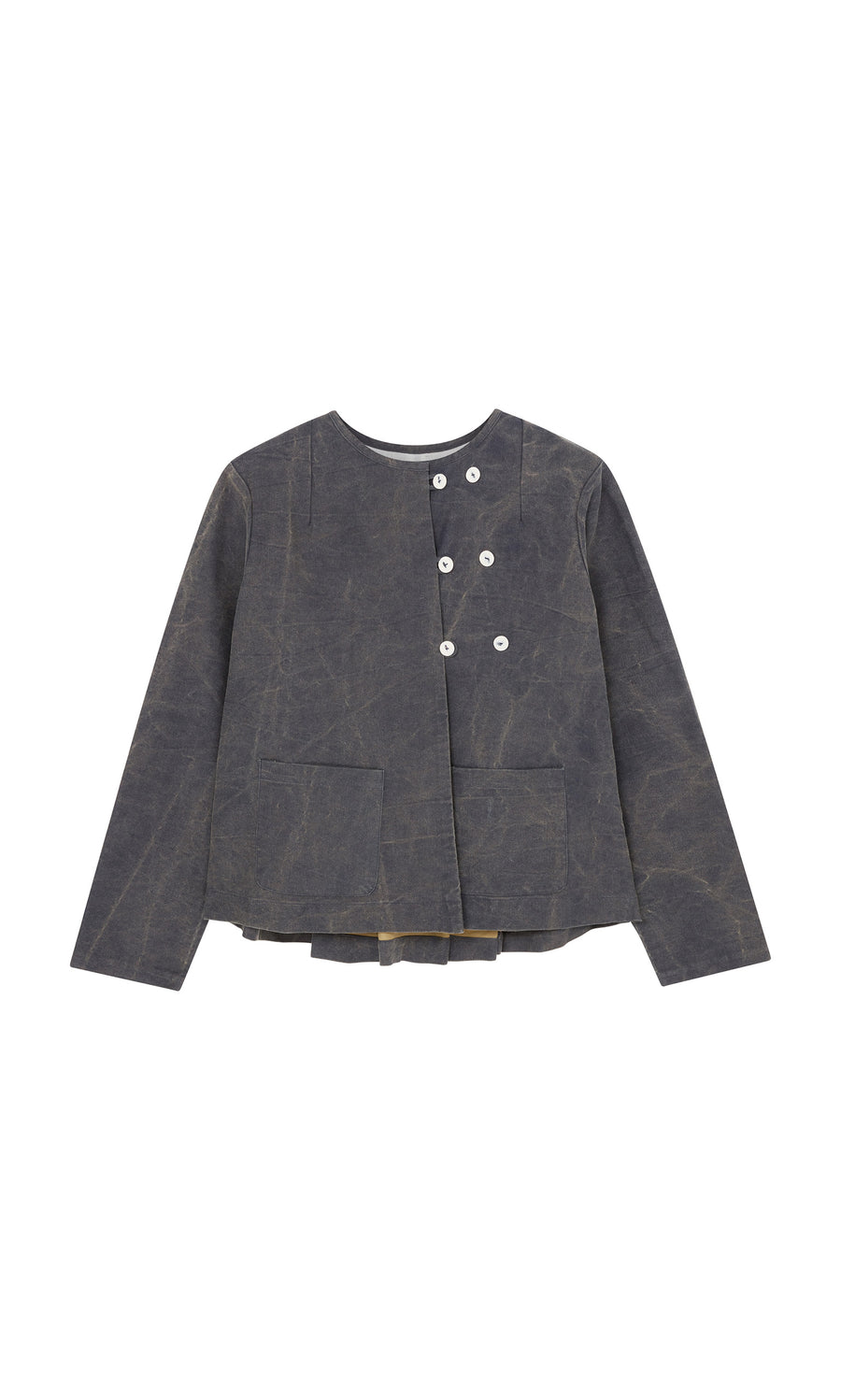 Plümo  Stour Jacket: Dark gray cotton canvas workwear, asymmetrical front, white buttons, two pockets, laid flat.