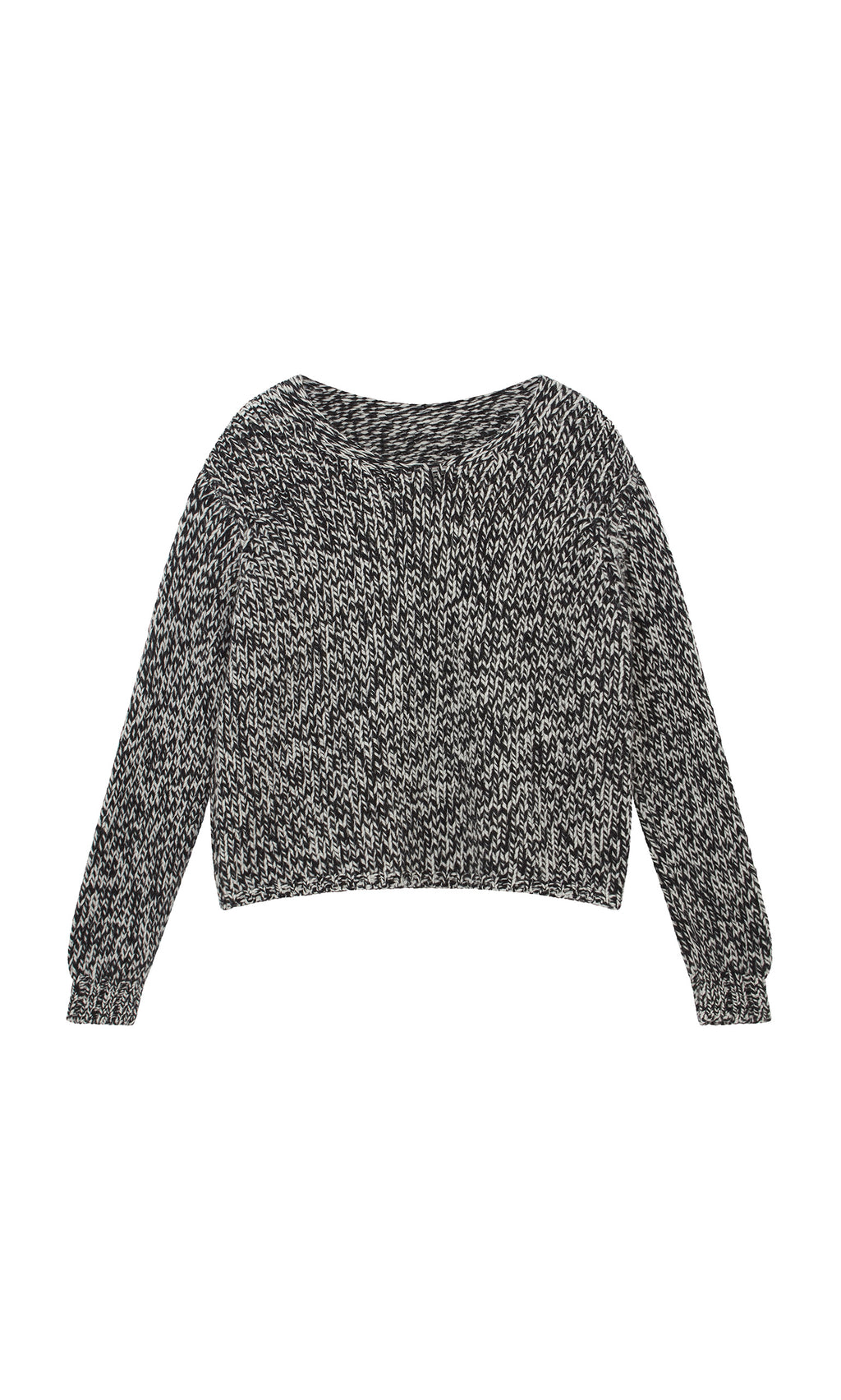 Plümo  Rhian Wool Jumper: Sustainably made, black and white speckled knit with long sleeves and a slightly cropped hem.