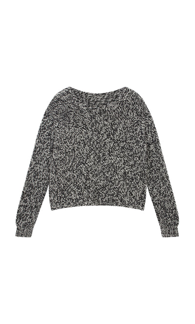 Plümo  Rhian Wool Jumper: Sustainably made, black and white speckled knit with long sleeves and a slightly cropped hem.