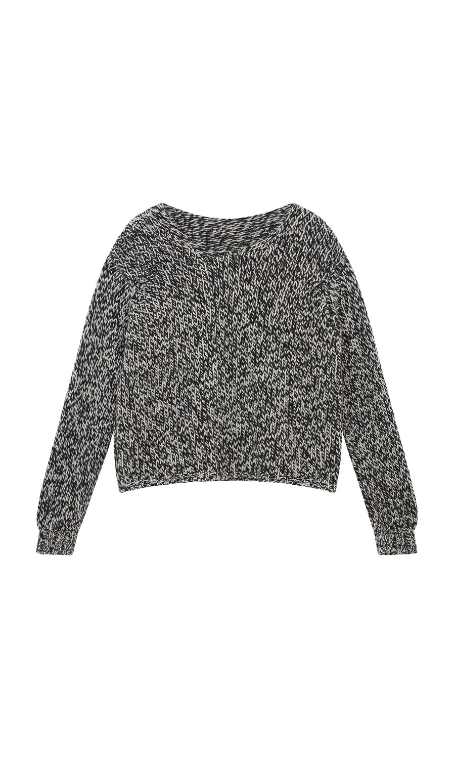 Plümo  Rhian Wool Jumper: Sustainably made, black and white speckled knit with long sleeves and a slightly cropped hem.