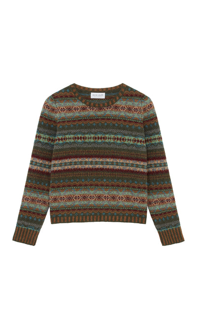 Plümo  The Iona Fairisle Jumper: a Scottish-made, pure wool knit with multicolored geometric and zigzag designs.