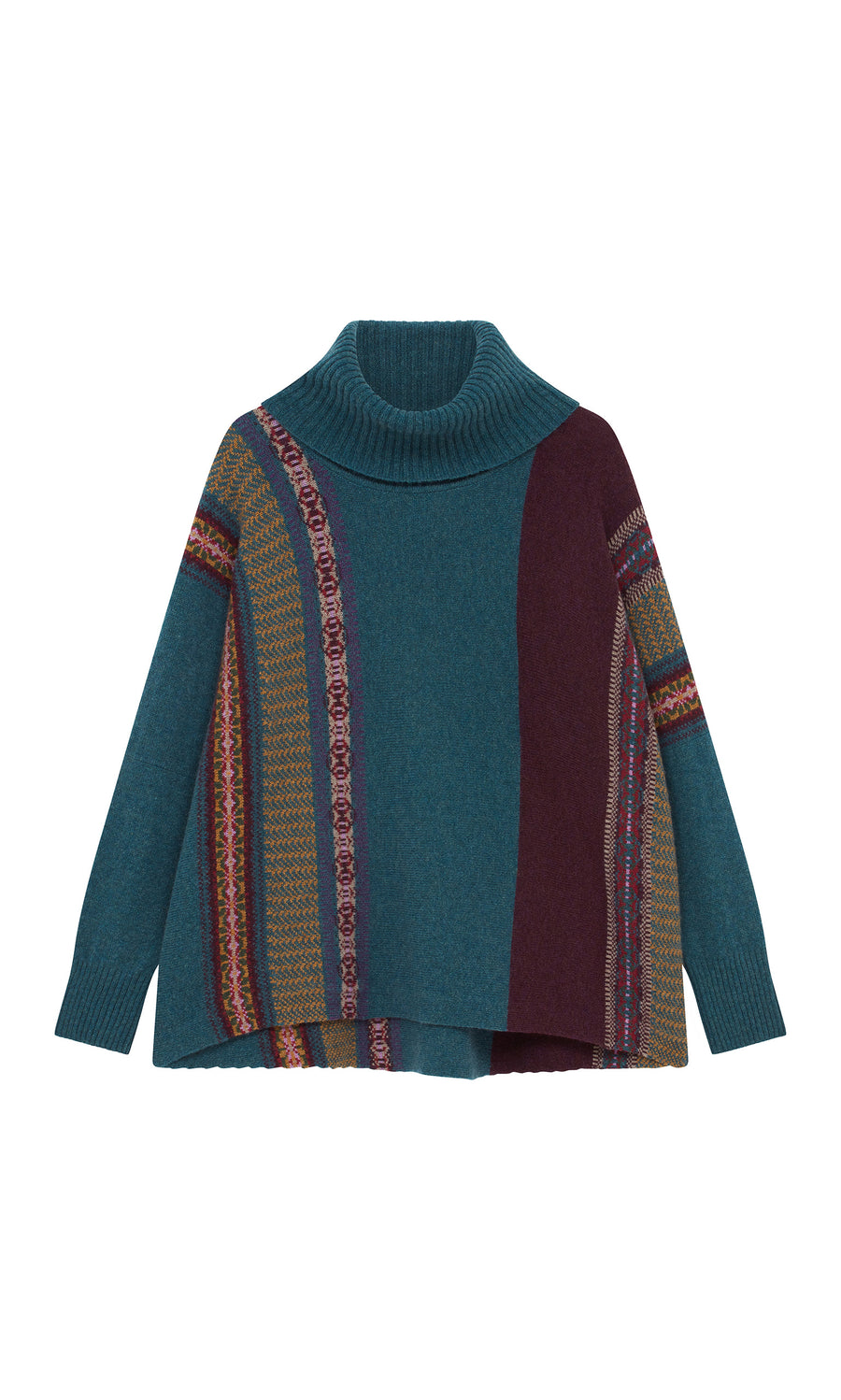 Plümo  Greba Rollneck: a teal  burgundy lambswool turtleneck sweater with multicolored stripes and long sleeves.